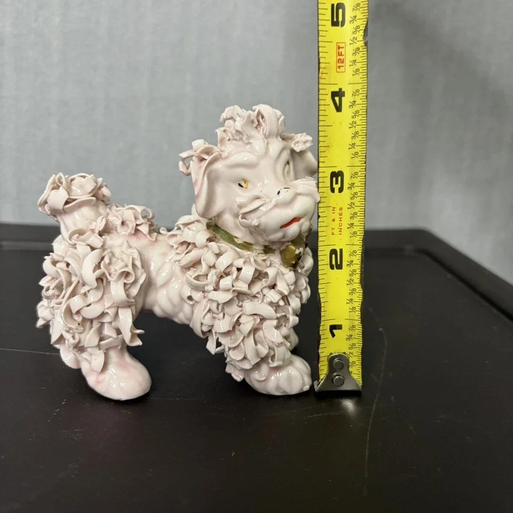 Vintage Spaghetti Pink Poodle Ceramic Figurine Gold Bow Mid Century MCM 60s